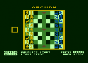 The Archon game board. Note the three power points running down the center. Two more are hidden under the wizard and sorceress on the center-left and center-right squares.