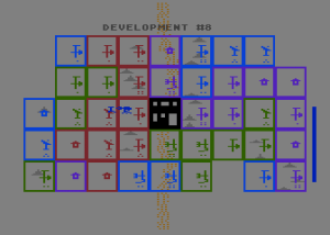 Leading a M.U.L.E. from the village at the center of the game board for placement in an empty plot (denoted by the house symbol) at far left.