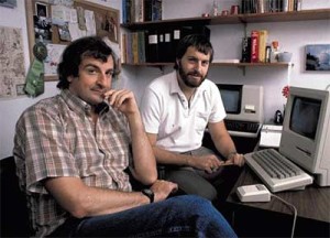 Douglas Adams and Steve Meretzky, February 1984, with the first Mac Adams ever saw