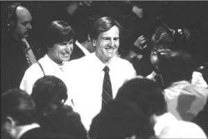 Steve Jobs and John Sculley at the Mac's public introduction on January 24, 1984.