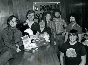 Inside Penguin Software, circa early 1983. From left: Mary Beth Pelczarski, Mark and Trish Glenn, Cheryl and Mark Pelczarski, Ron Schmitt, and (kneeling) Larry Weber.