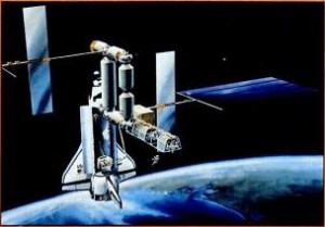 A proposed NASA space station with shuttle docked