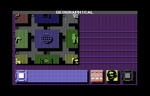 Portal on the Commodore 64. Each of the icons to the left represents a database to be explored.