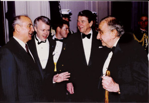 Edward Teller (right) with Mikhail Gorbachev and Ronald Reagan