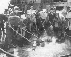 Unprotected sailors aboard the German cruiser Prinz Eugen just hours after it was irradiated by an atomic bomb.