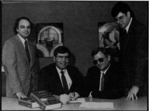 The ultimate meeting of techno-thriller minds: Sid Meier, Wild Bill Stealey, Tom Clancy, and Larry Bond (his consultant and collaborator on the Red Storm Rising scenario).