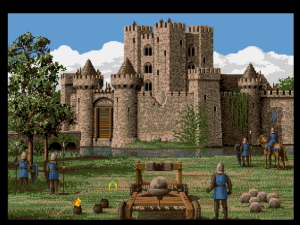 Laying seige to a castle. The Greek fire lying to the left of the catapault can't be used. It was cut from the game but not the graphics, only to be added back in in later ports.