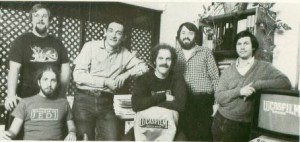 Most of the Lucasfilm Games Group, mid-1984: Charlie Kellner, David Levine, Peter Langston, David Fox, Loren Carpenter (visiting from Graphics), Gary Winnick