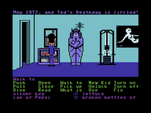 On the job in Maniac Mansion. Note the selectable list of verbs (including the immortal "New Kid") and the character's inventory below.