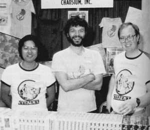 Greg Stafford (center) and Sandy Petersen (right), with Tadashi Ahara, editor of Chaosium's in-house magazine Different Worlds.