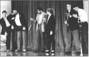 Steve Meretzky (second from left) and Dave Lebling (second from right) ham it up with Second City.