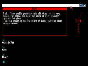 Moriarty's new interface running on an Amiga. Note the non-scrolling status window at top left that currently displays the room description, and the auto-map at top right. You can move around by clicking on the map.