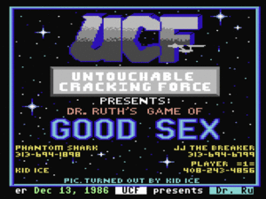 A typical Commodore 64 cracktro. Something tells me most sceners greeted this game with particular interest...