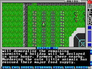 You explore the world of Wasteland from a top-down perspective rather than the first-person view of The Bard's Tale. This screenshot and the ones that follow come from the slightly later MS-DOS port rather than the 8-bit original.