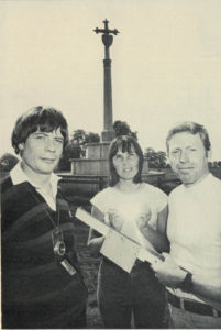 John Rousseau with (Mike's wife) Celia Barker and Mike Barker at Ampthill Park with Mike's homemade inclinometer.