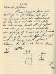 "Ken Thomas"'s original letter to Kit Williams, with its rough (and incorrect) depiction of the hare's position in relation to the Ampthill Park memorial. Although the letter is dated February 5, it wasn't posted until February 17 -- just one more of the unanswered questions surrounding the whole affair.