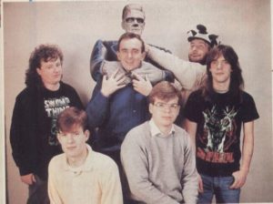 Bullfrog. From left: Glenn Corpes (artist), Shaun Cooper (tester), Peter Molyneux (designer and programmer), Kevin Donkin (designer and programmer), Les Edgar (office manager), Andy Jones (artist and tester).