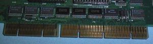 This shot of an EISA card illustrates the unique two-layer connection that allowed the same sockets to work for both the older ISA standard and the newer EISA. The shorter pins correspond to the older 16-bit standard; the longer extend it to 32 bits.