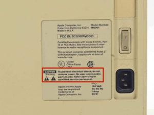 Determined to do everything possible to keep users out of the Macintosh's innards, Apple used Torx screws, which were almost unheard of at the time, and even threatened them with electrocution should they persist. The contrast with the Apple II, whose top could be popped in seconds, could hardly have been more striking.