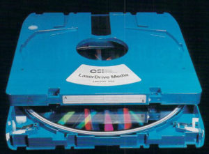 The LMS LaserDrive is typical of the oddball formats that proliferated during the early years of optical data storage. It can hold 1 GB on each side of a double-sided disc. Unfortunately, each disc cost hundreds of dollars, the unit itself thousands.