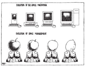 This cartoon by Tom Meyer, published in the San Francisco Chronicle, shows the popular consensus about Apple by the early 1990s -- increasingly: overpriced inelegant designs and increasingly clueless management.
