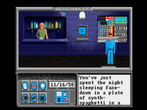 The opening of the game. Case, now recast as a hapless loser, not much better than a space janitor, wakes up face-down in a plate of "synth-spaghetti."